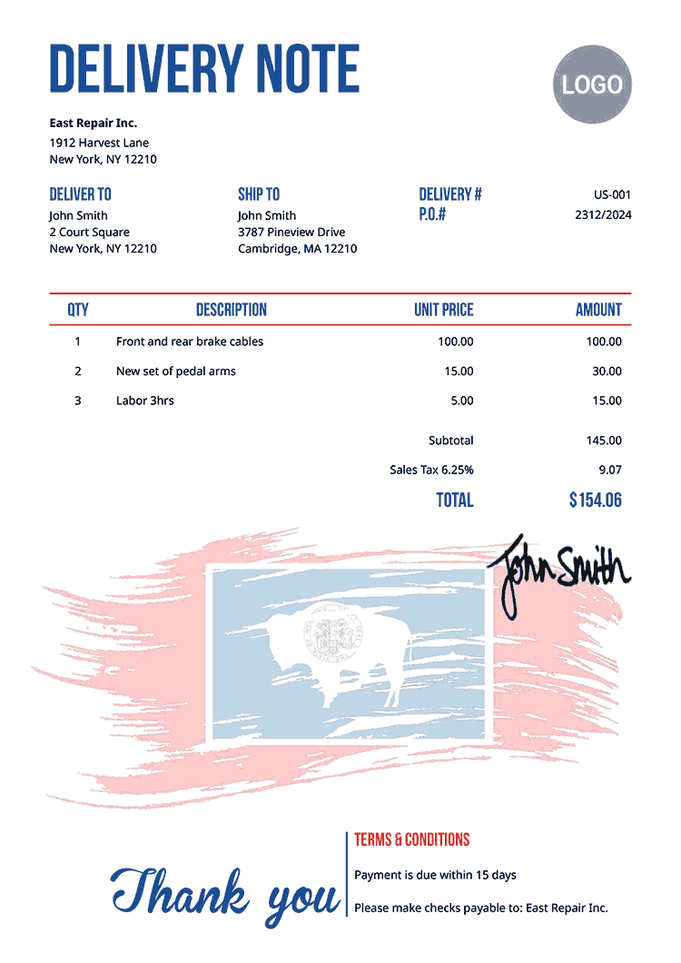 Delivery Note Template Us Flag Of Wyoming 