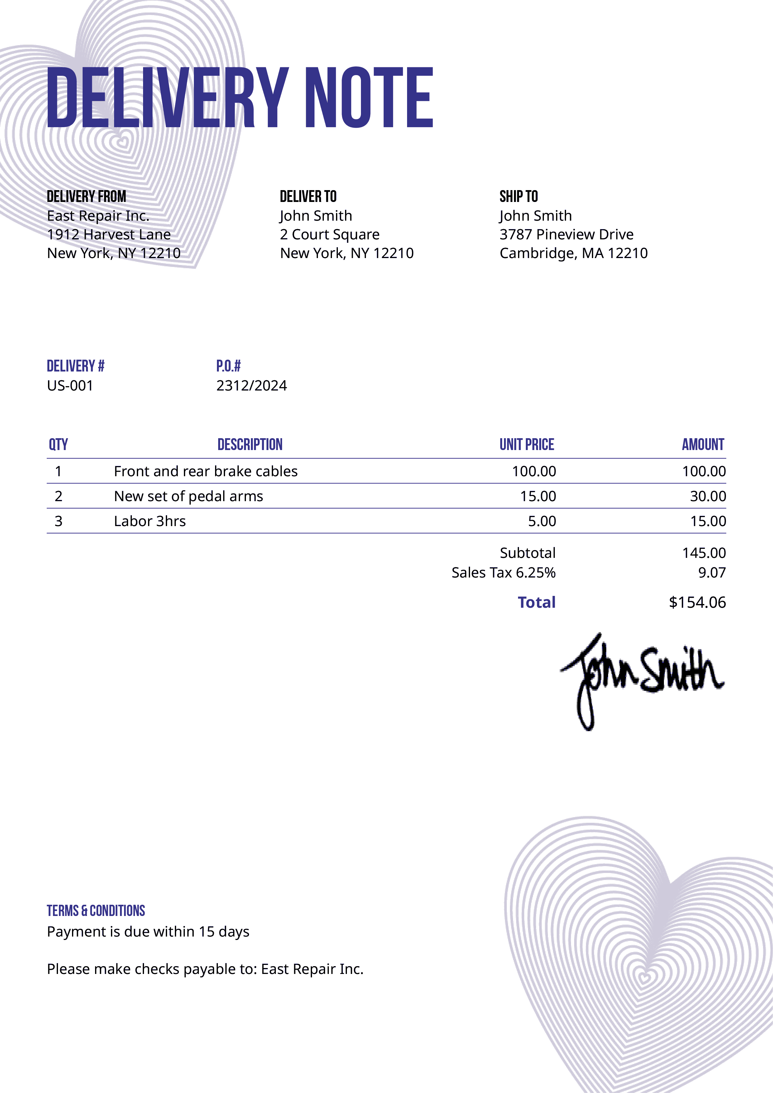 Delivery Note Template Us Hearts Purple 