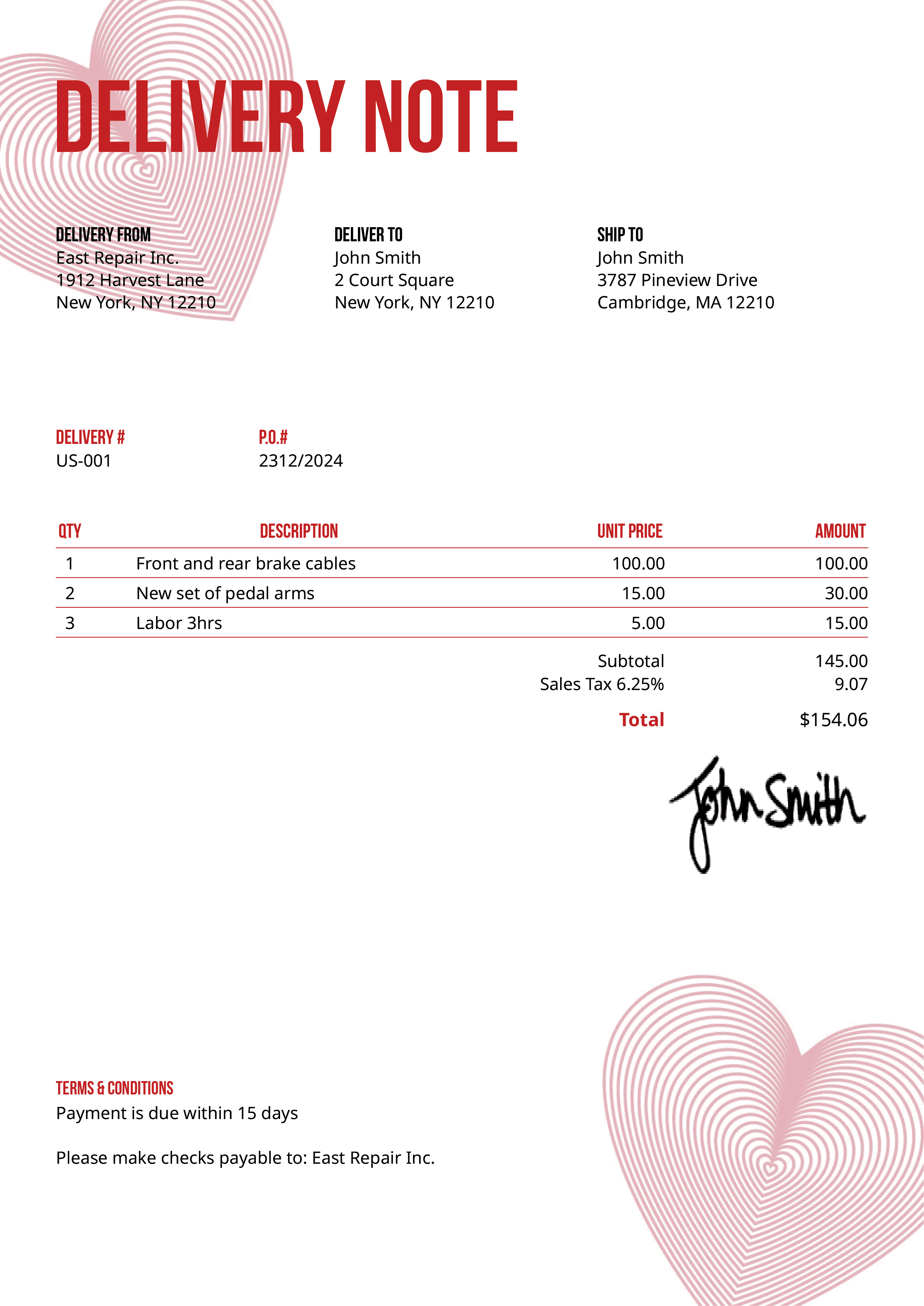 Delivery Note Template Us Hearts Red 