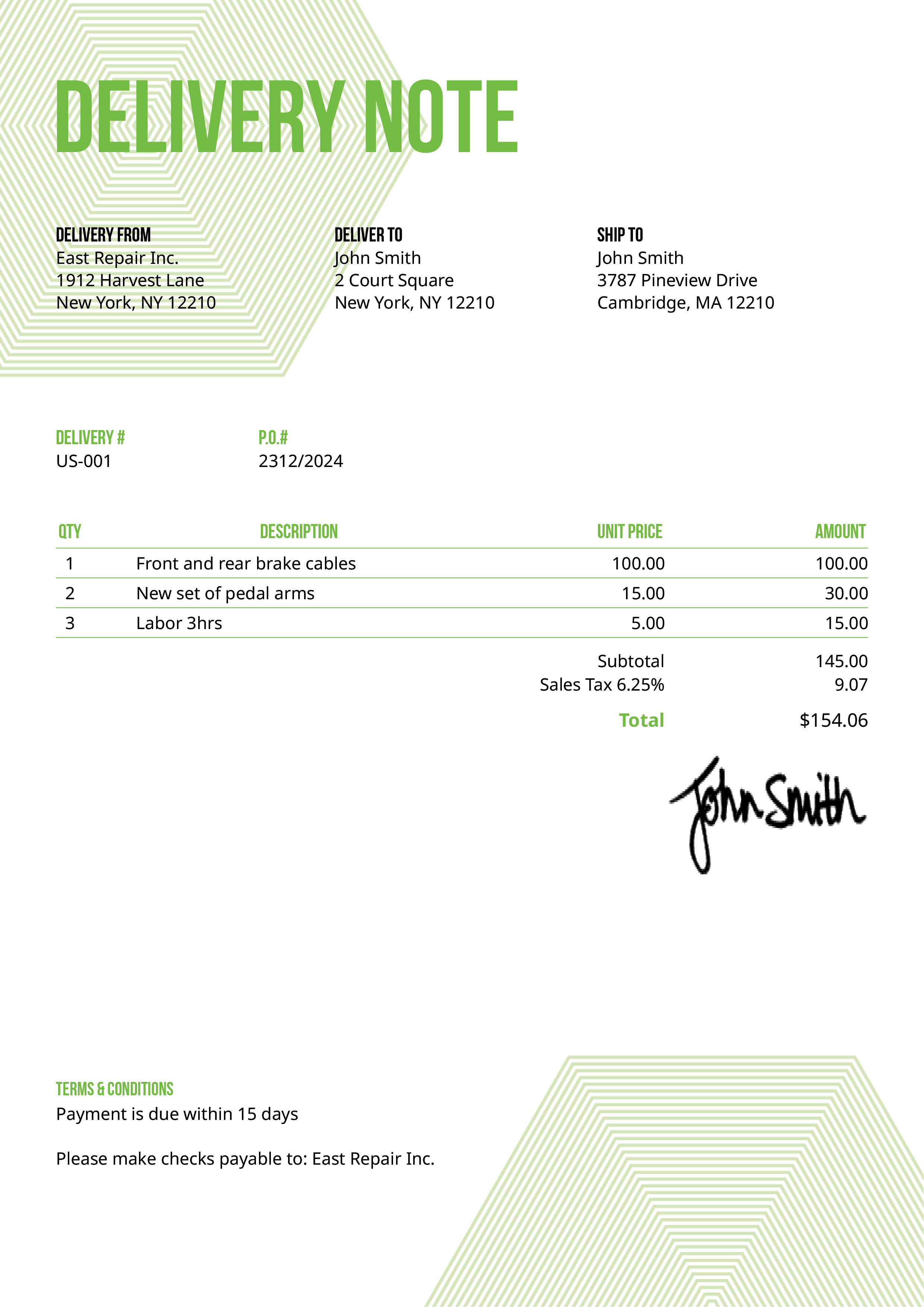 Delivery Note Template Us Hexagons Green 