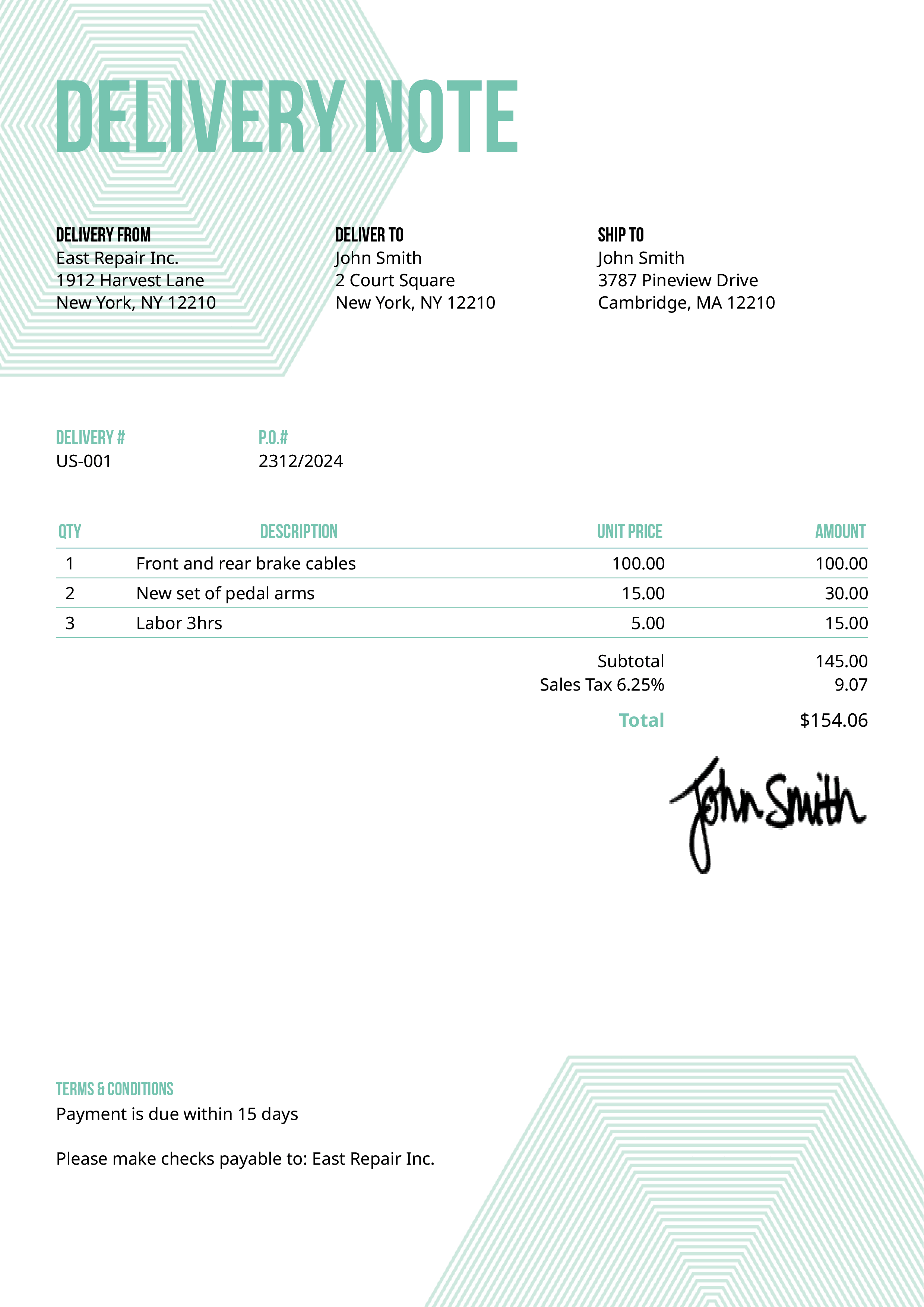 Delivery Note Template Us Hexagons Turquoise 