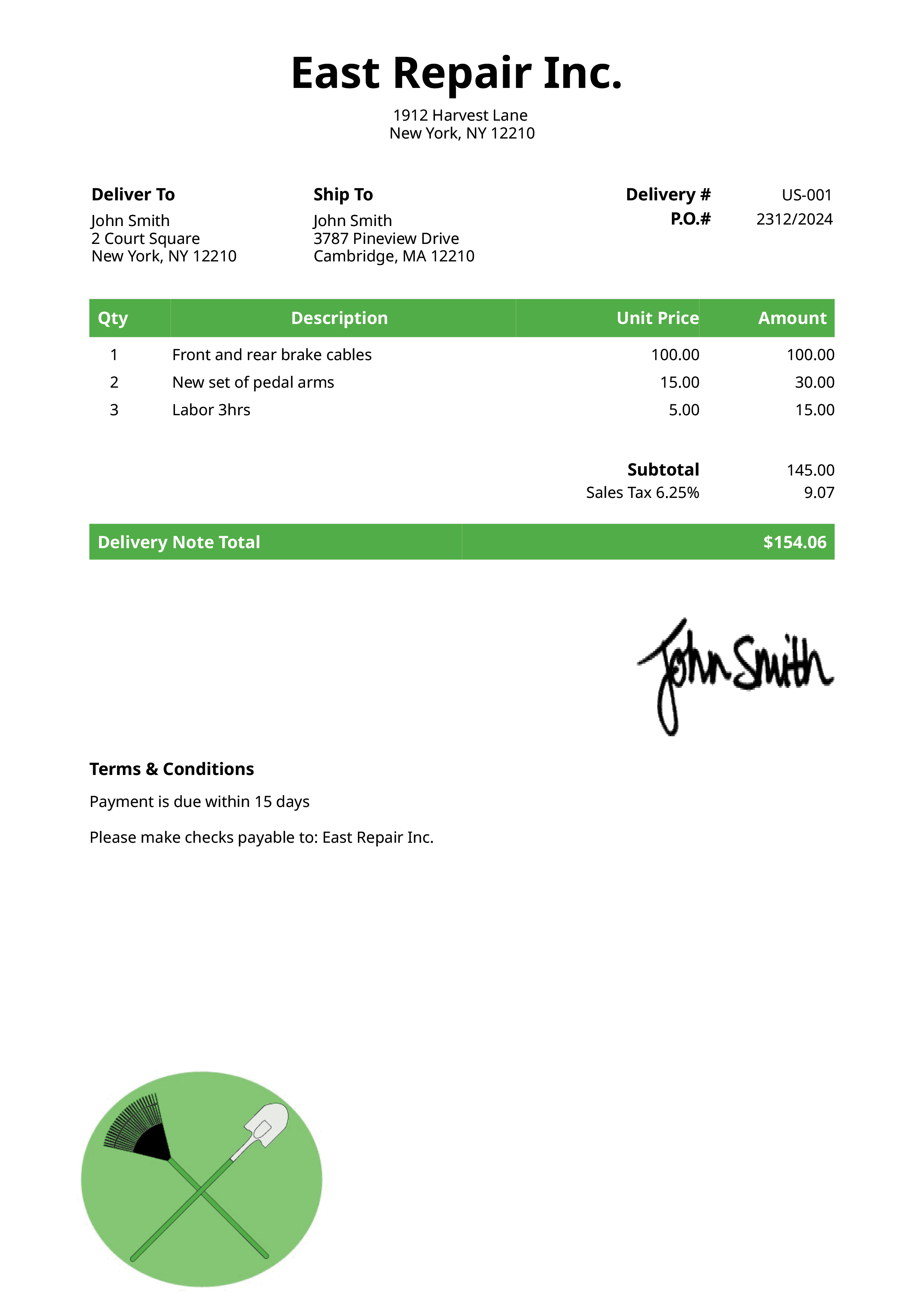 Delivery Note Template Us Landscaper Green 