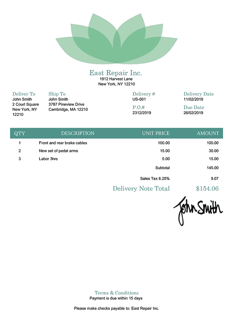 Delivery Note Template Us Lotus Green 