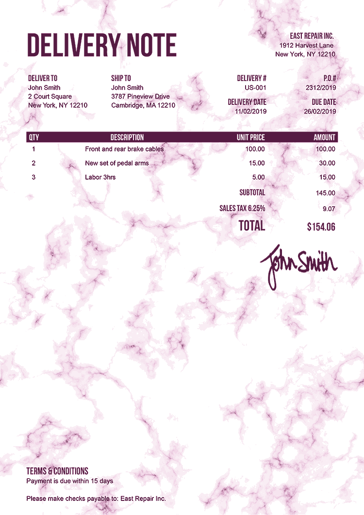 Delivery Note Template Us Marble Pink 