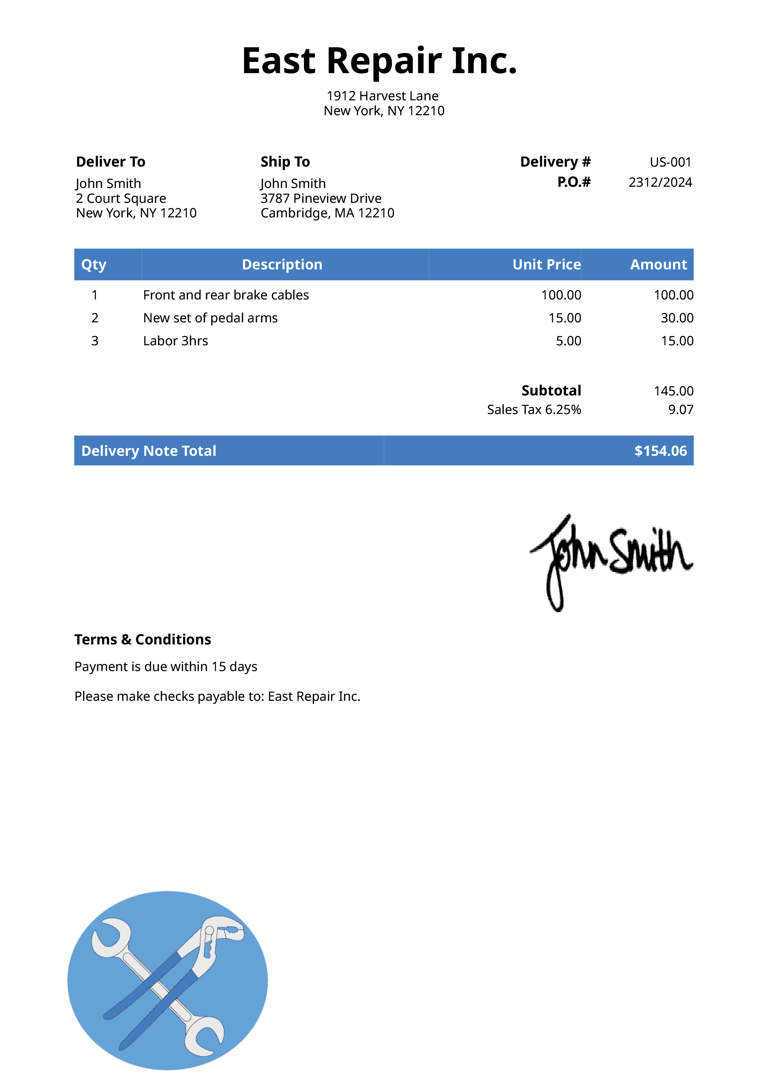Delivery Note Template Us Mechanic Blue 