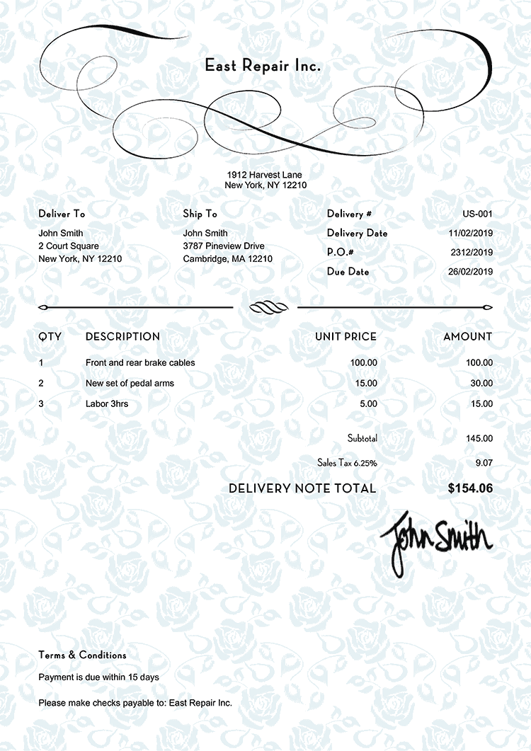 Delivery Note Template Us Rose Blue 