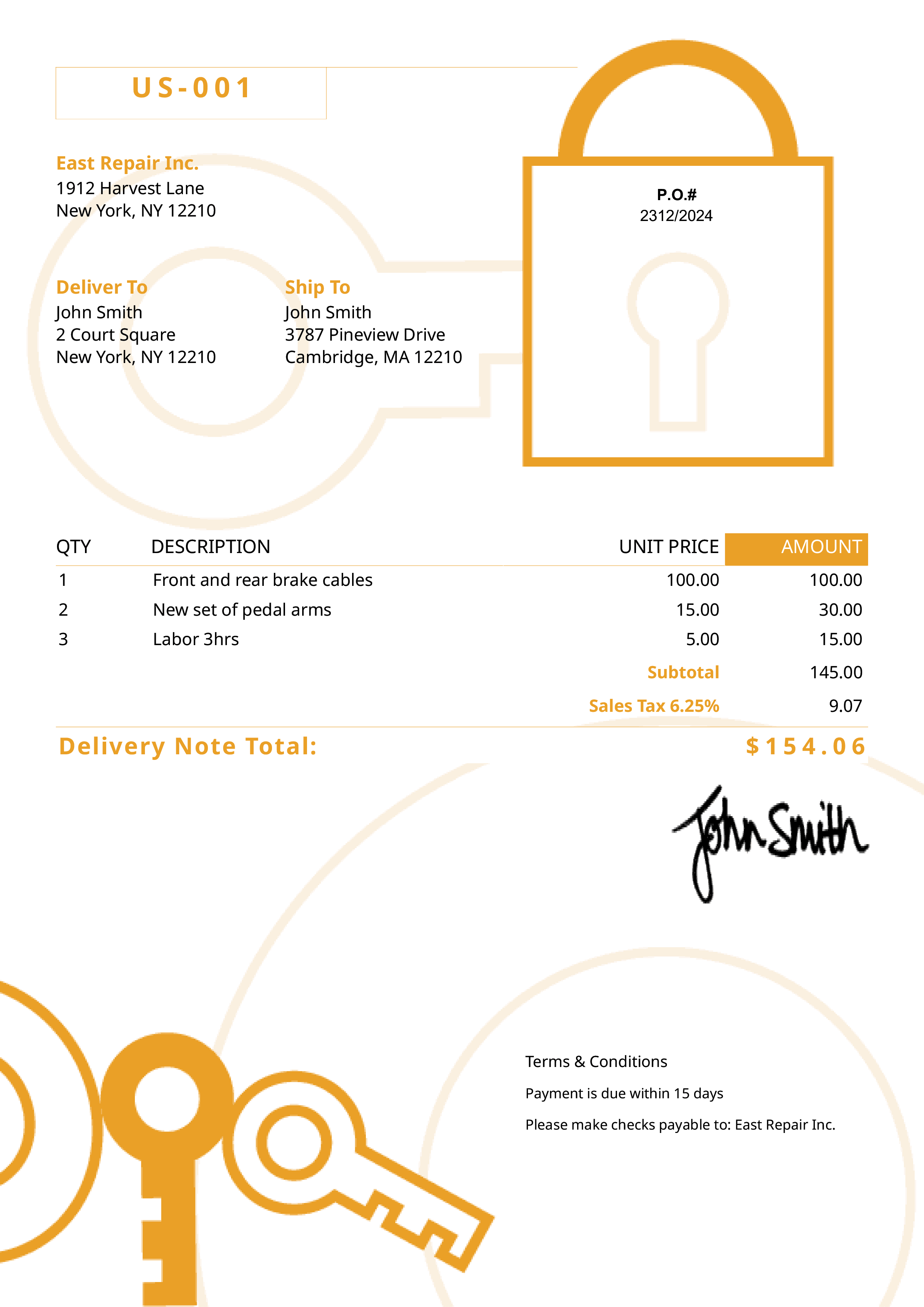 Delivery Note Template Us Secure Yellow 