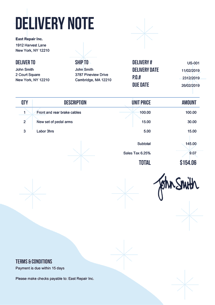 Delivery Note Template Us Snow 