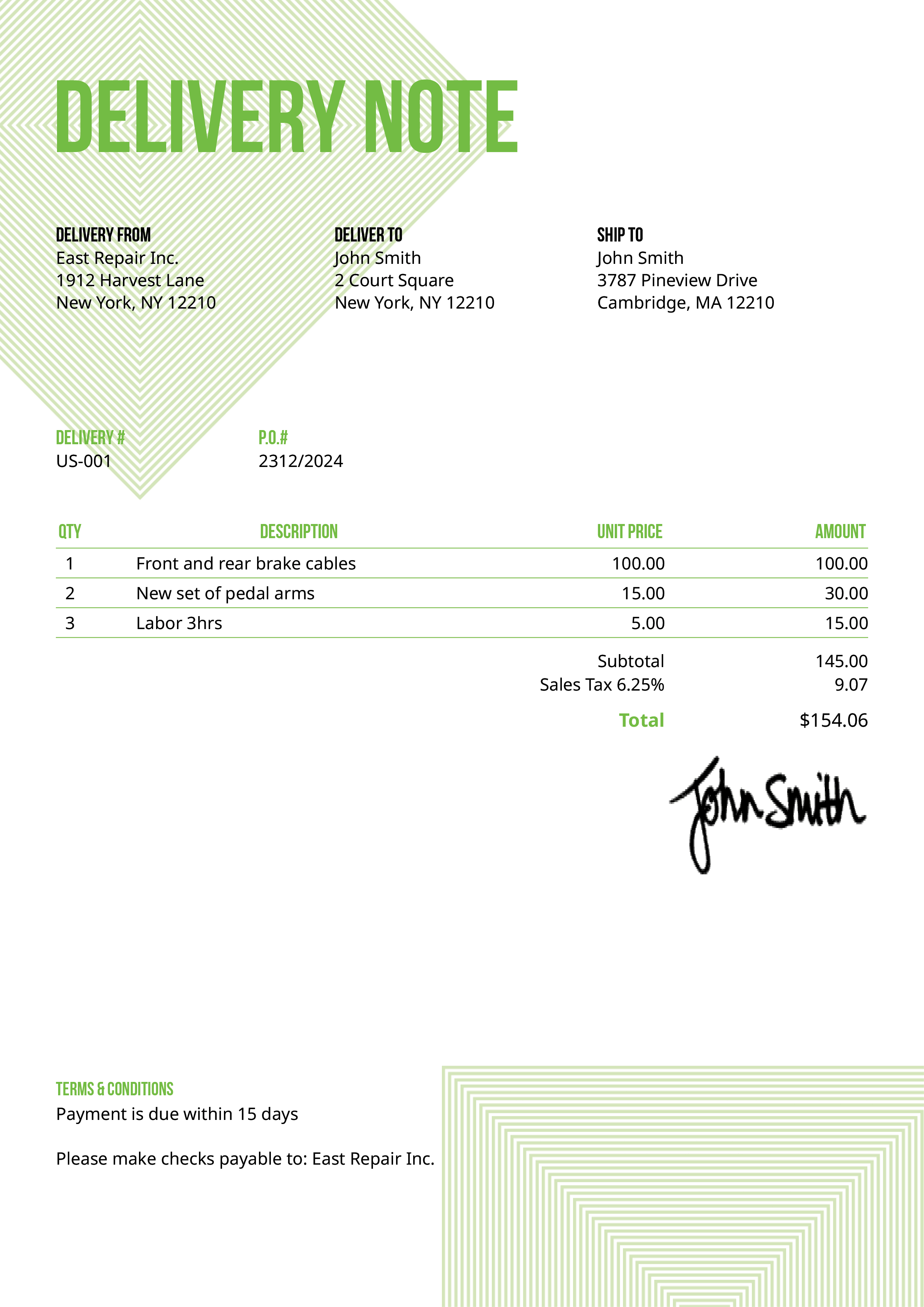 Delivery Note Template Us Squares Green 