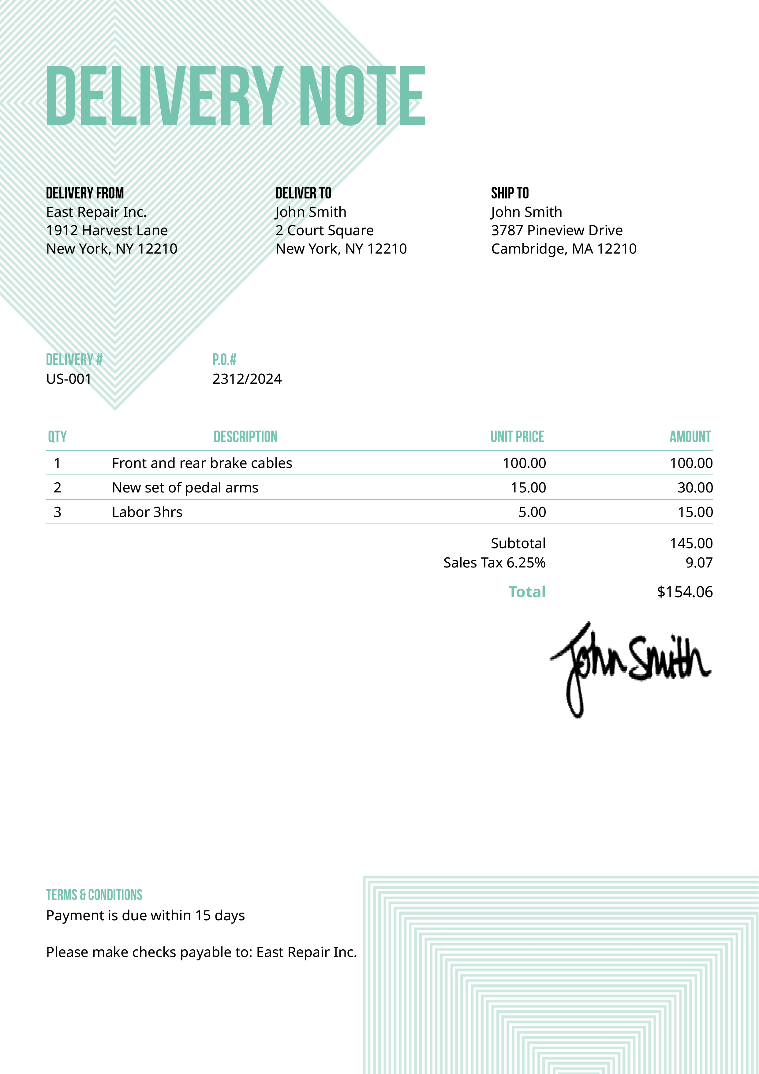 Delivery Note Template Us Squares Turquoise 