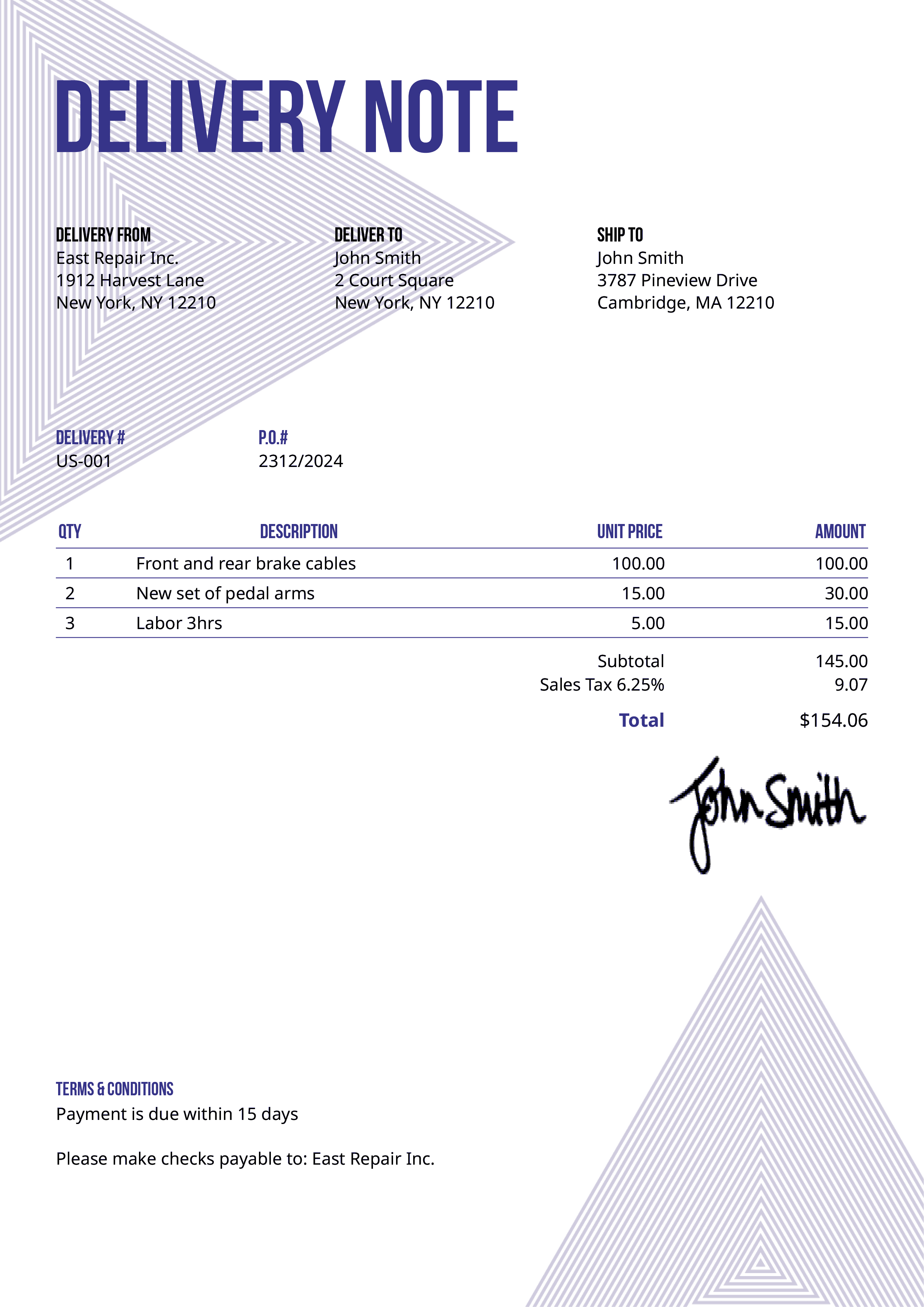 Delivery Note Template Us Triangles Purple 