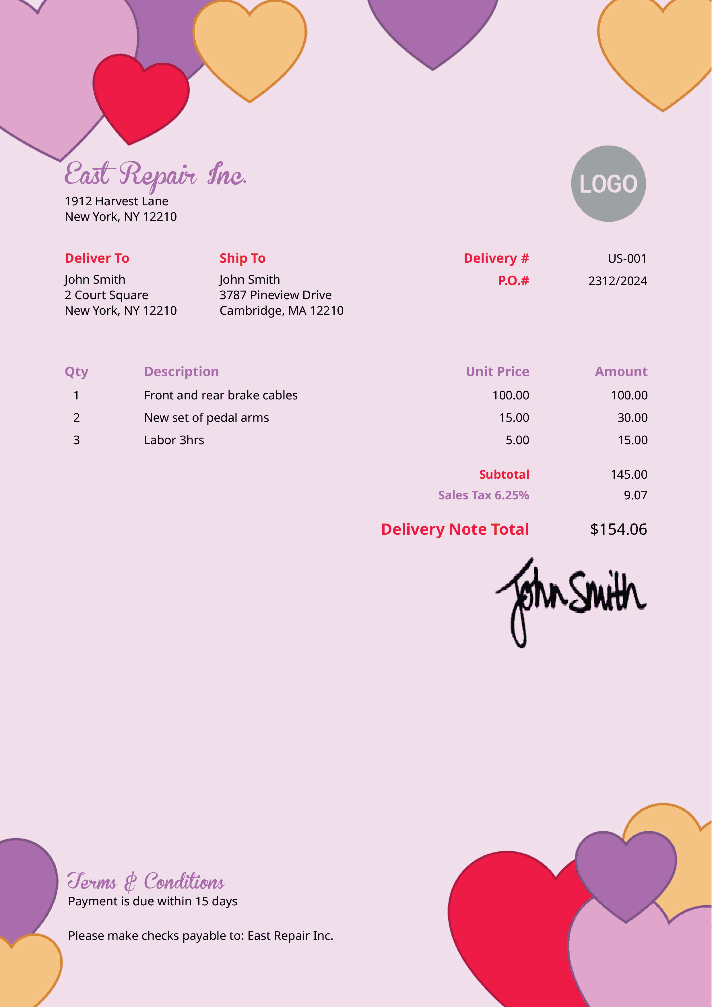 Delivery Note Template Us Valentine Hearts 