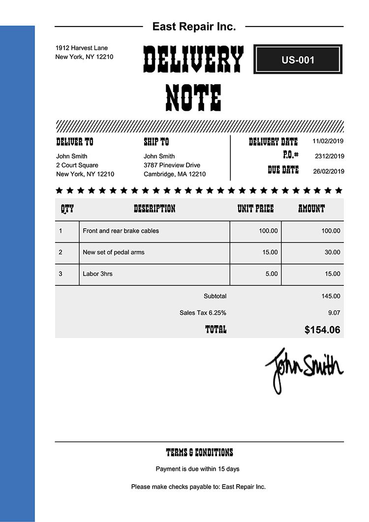 Delivery Note Template Us Western Blue 