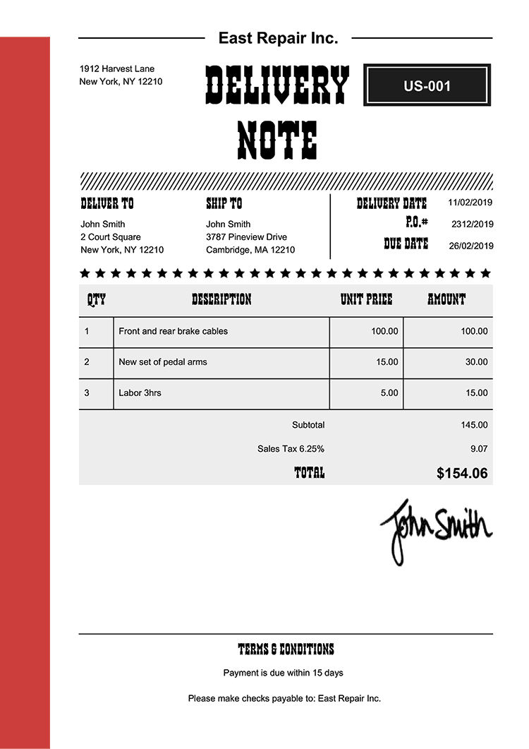 Delivery Note Template Us Western Red 