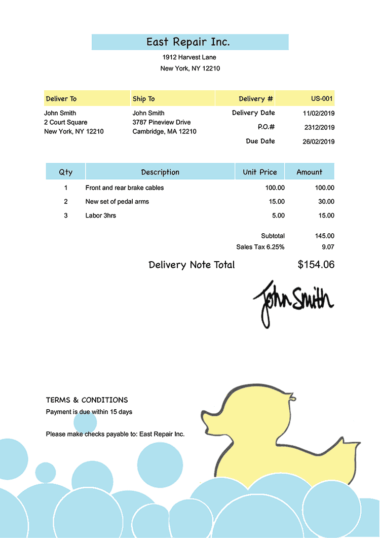 Delivery Note Template Us Yellow Duck 
