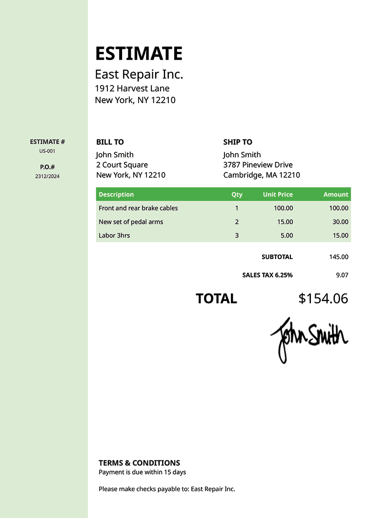 Estimate Template Us Column Green 