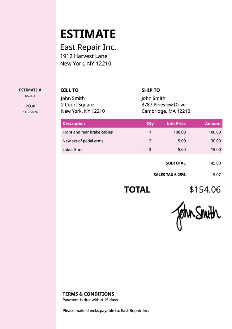 Estimate Template Us Column Pink 