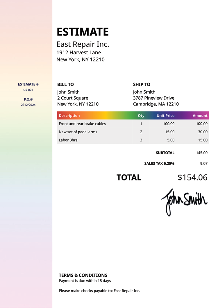 Estimate Template Us Column Rainbow 