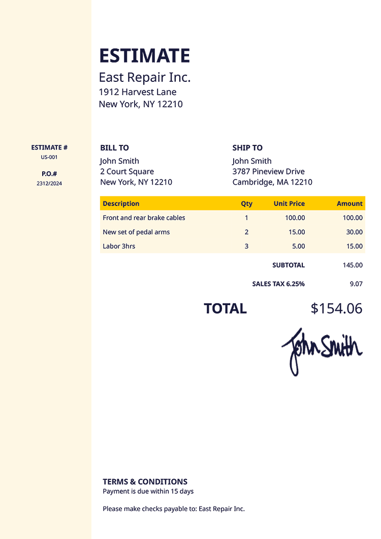 Estimate Template Us Column Yellow 