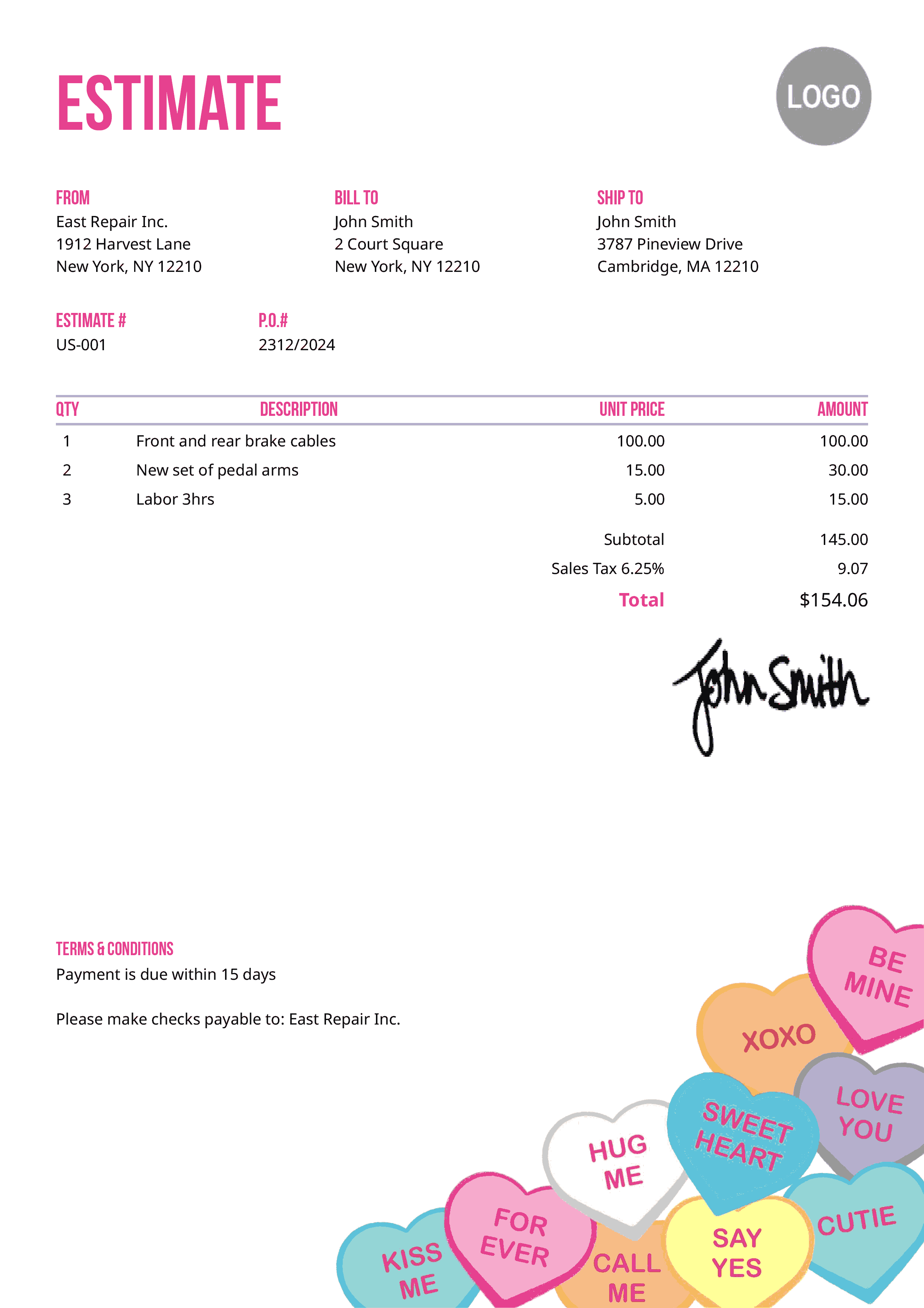 Estimate Template Us Conversation Hearts 