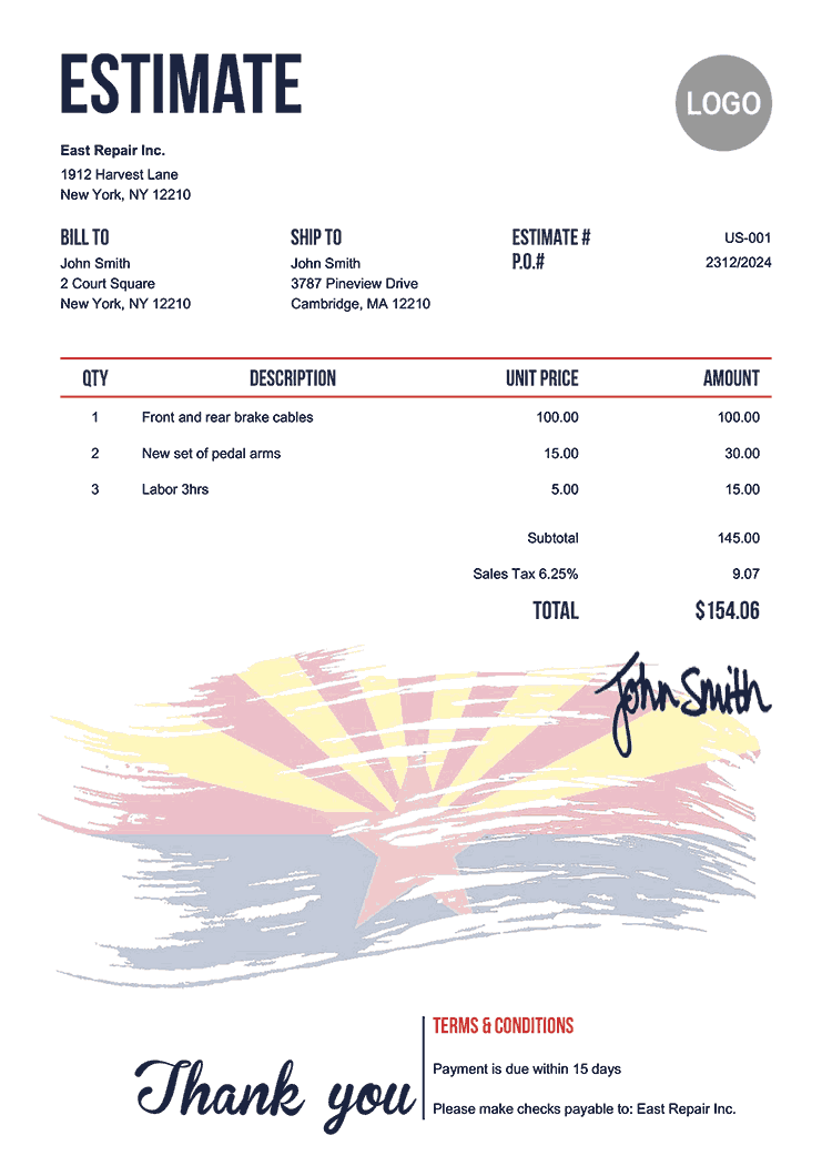 Estimate Template Us Flag Of Arizona 