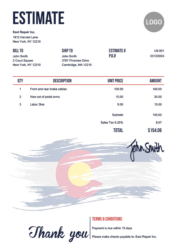 Estimate Template Us Flag Of Colorado 