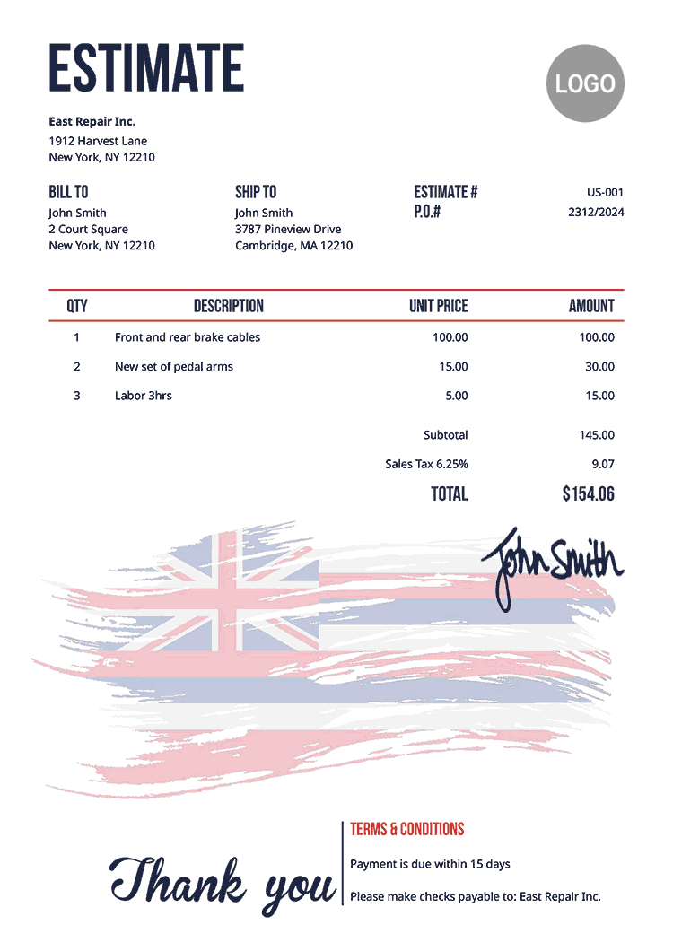 Estimate Template Us Flag Of Hawaii 