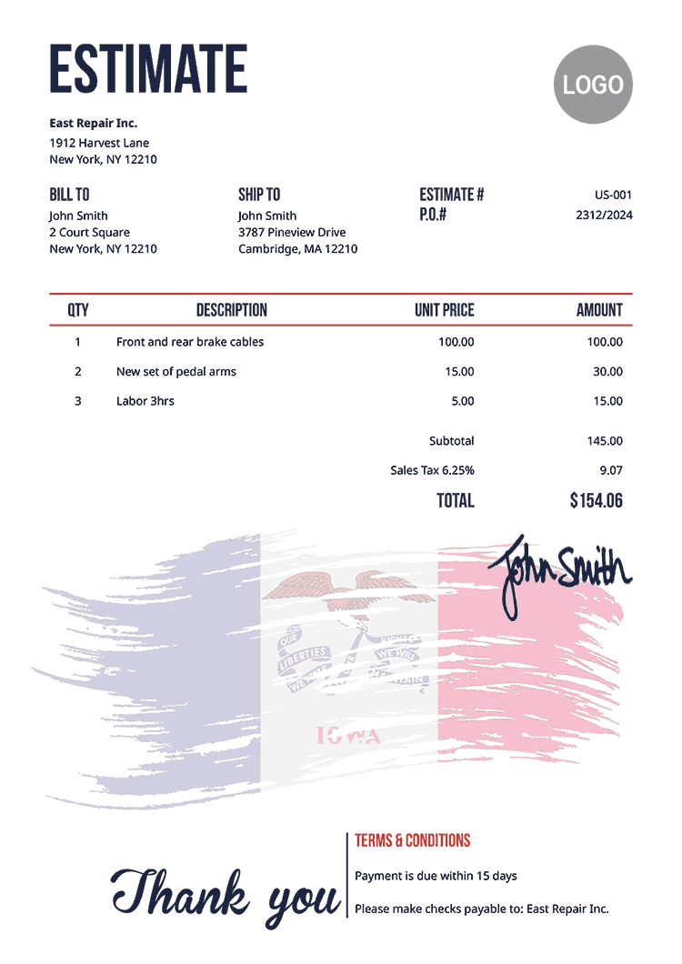 Estimate Template Us Flag Of Iowa 
