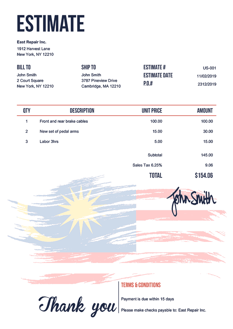 Estimate Template Us Flag Of Malaysia 