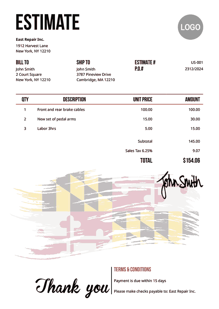 Estimate Template Us Flag Of Maryland 