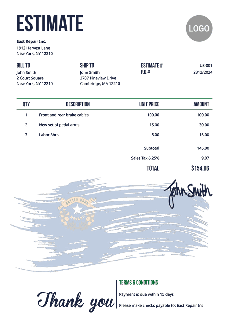 Estimate Template Us Flag Of Nevada 