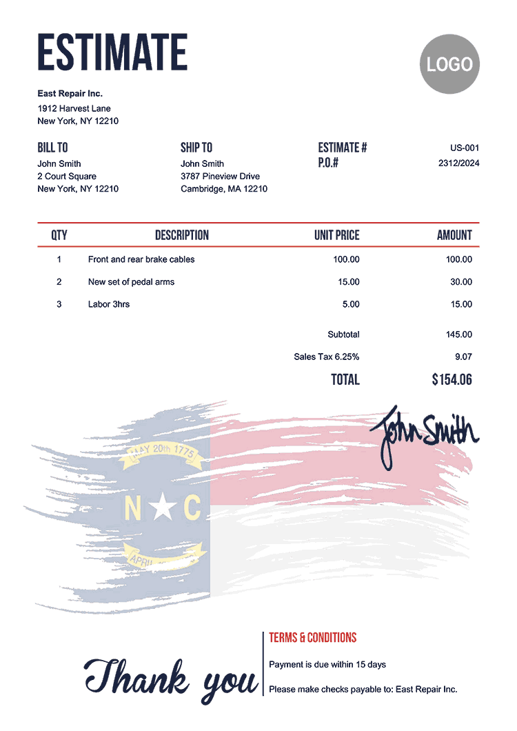 Estimate Template Us Flag Of North Carolina 