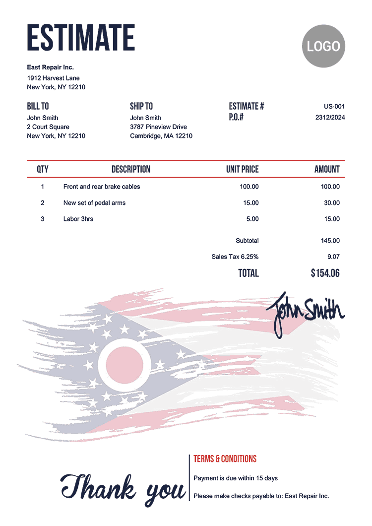Estimate Template Us Flag Of Ohio 