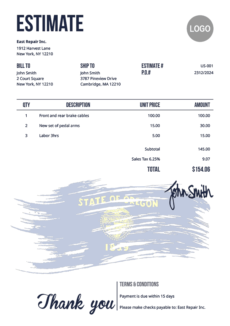 Estimate Template Us Flag Of Oregon 