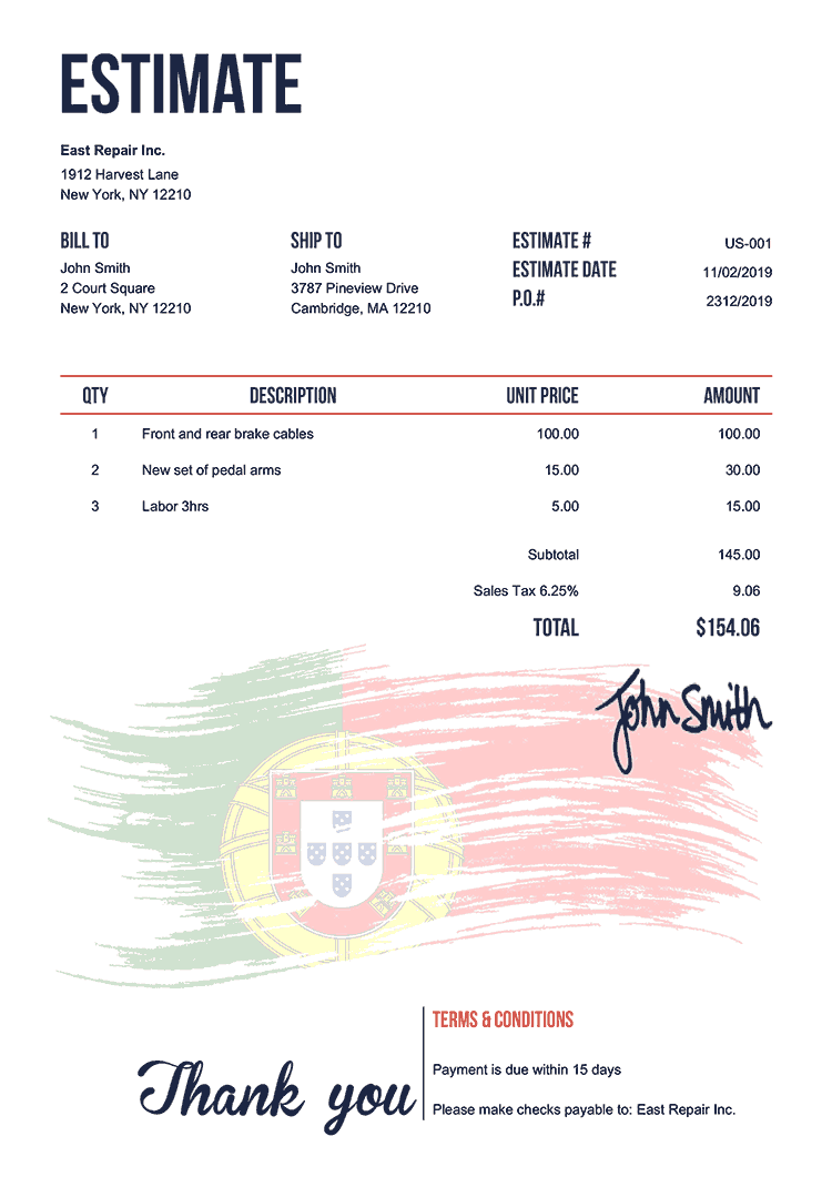 Estimate Template Us Flag Of Portugal 