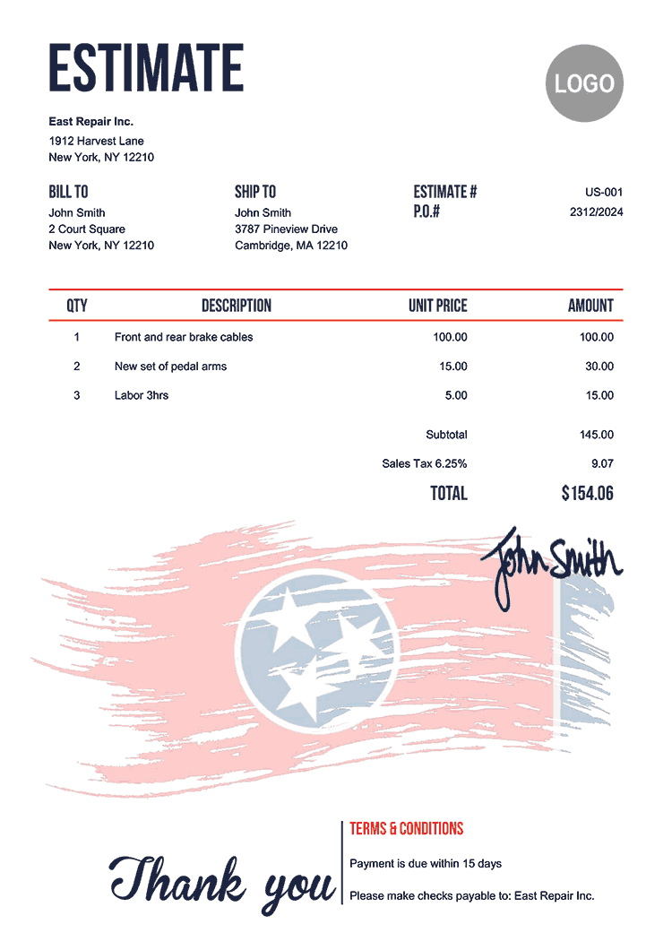 Estimate Template Us Flag Of Tennessee 