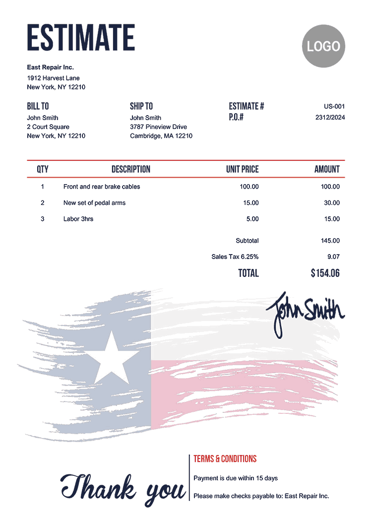 Estimate Template Us Flag Of Texas 