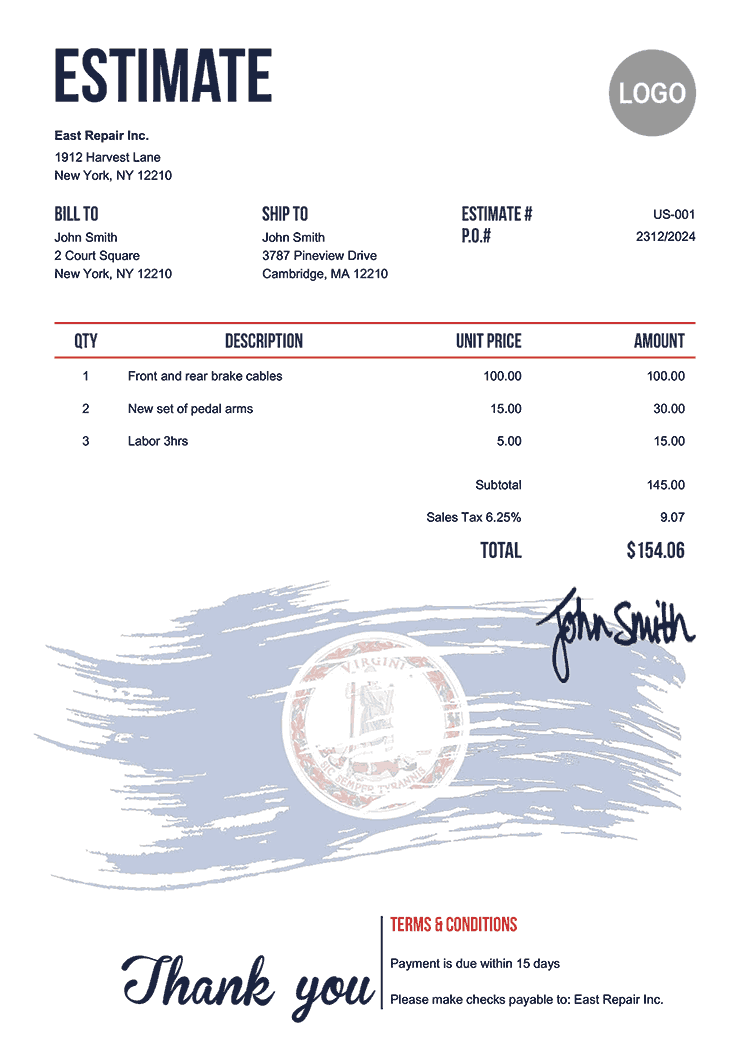 Estimate Template Us Flag Of Virginia 