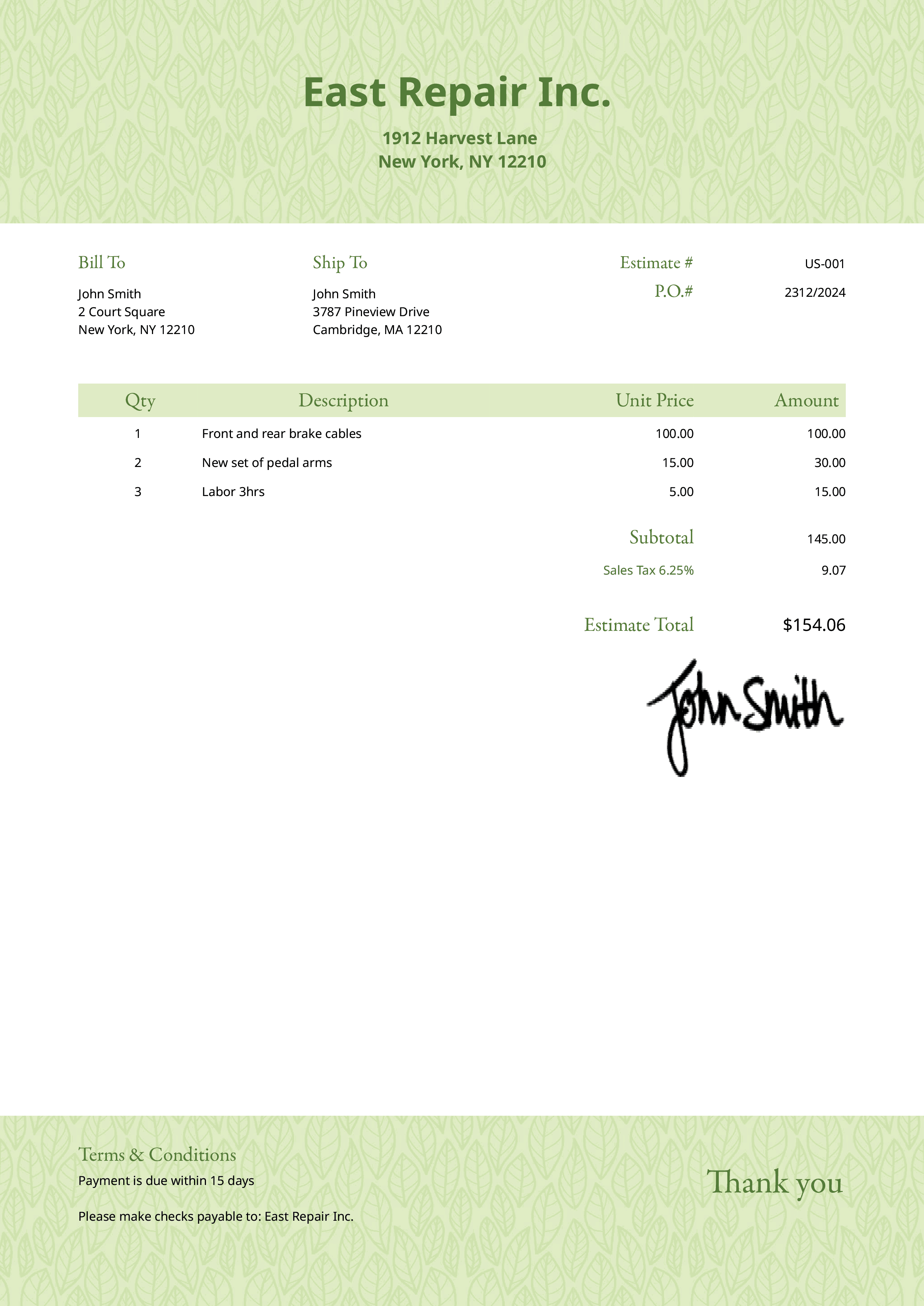 Estimate Template Us Greenery Light 