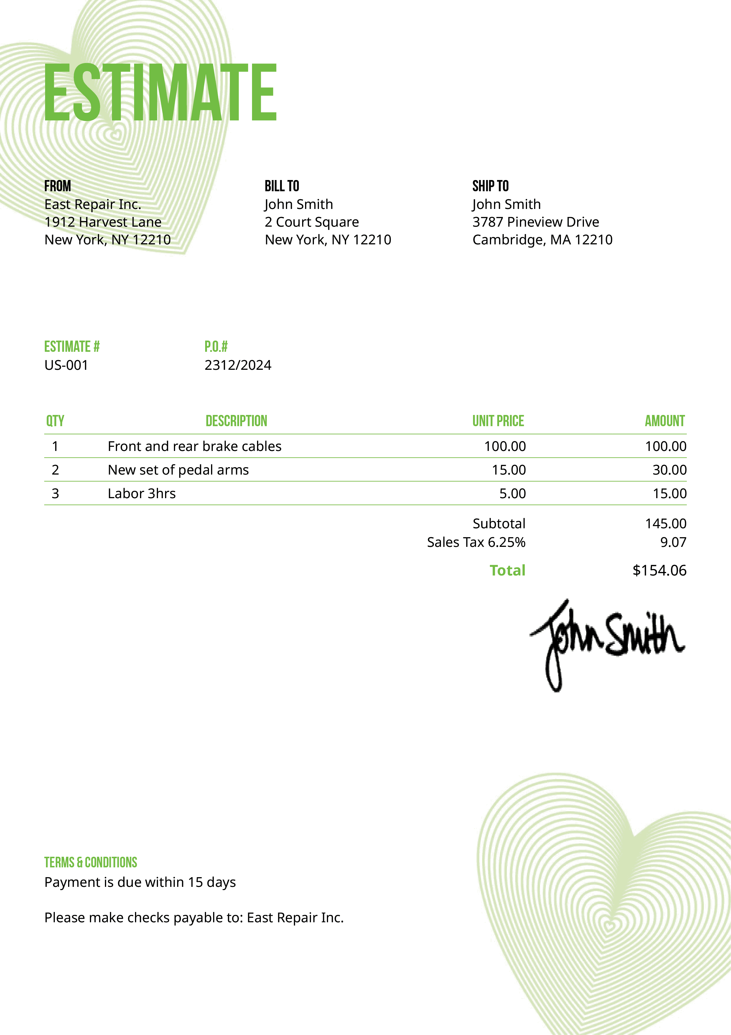 Estimate Template Us Hearts Green 