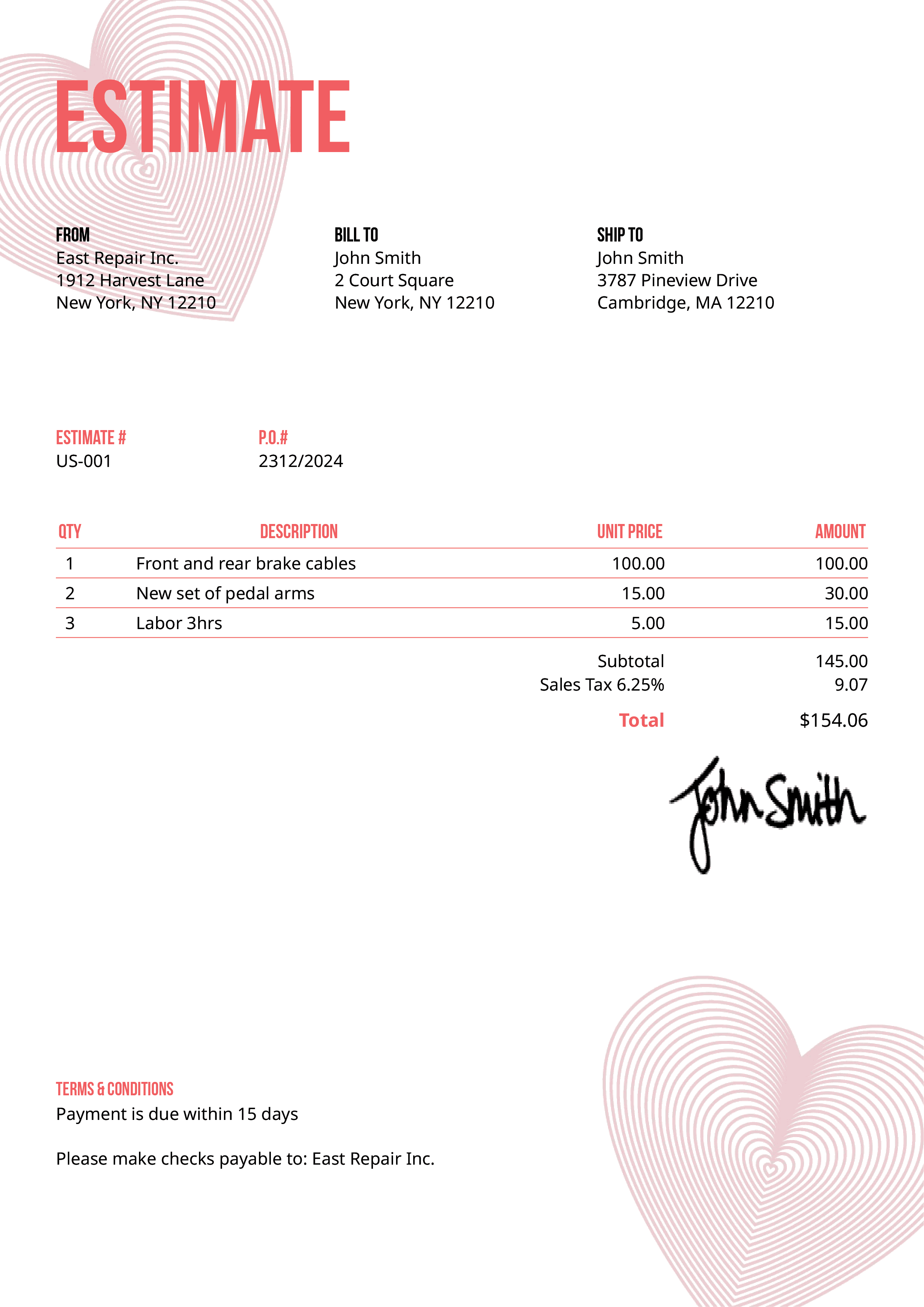 Estimate Template Us Hearts Pink 