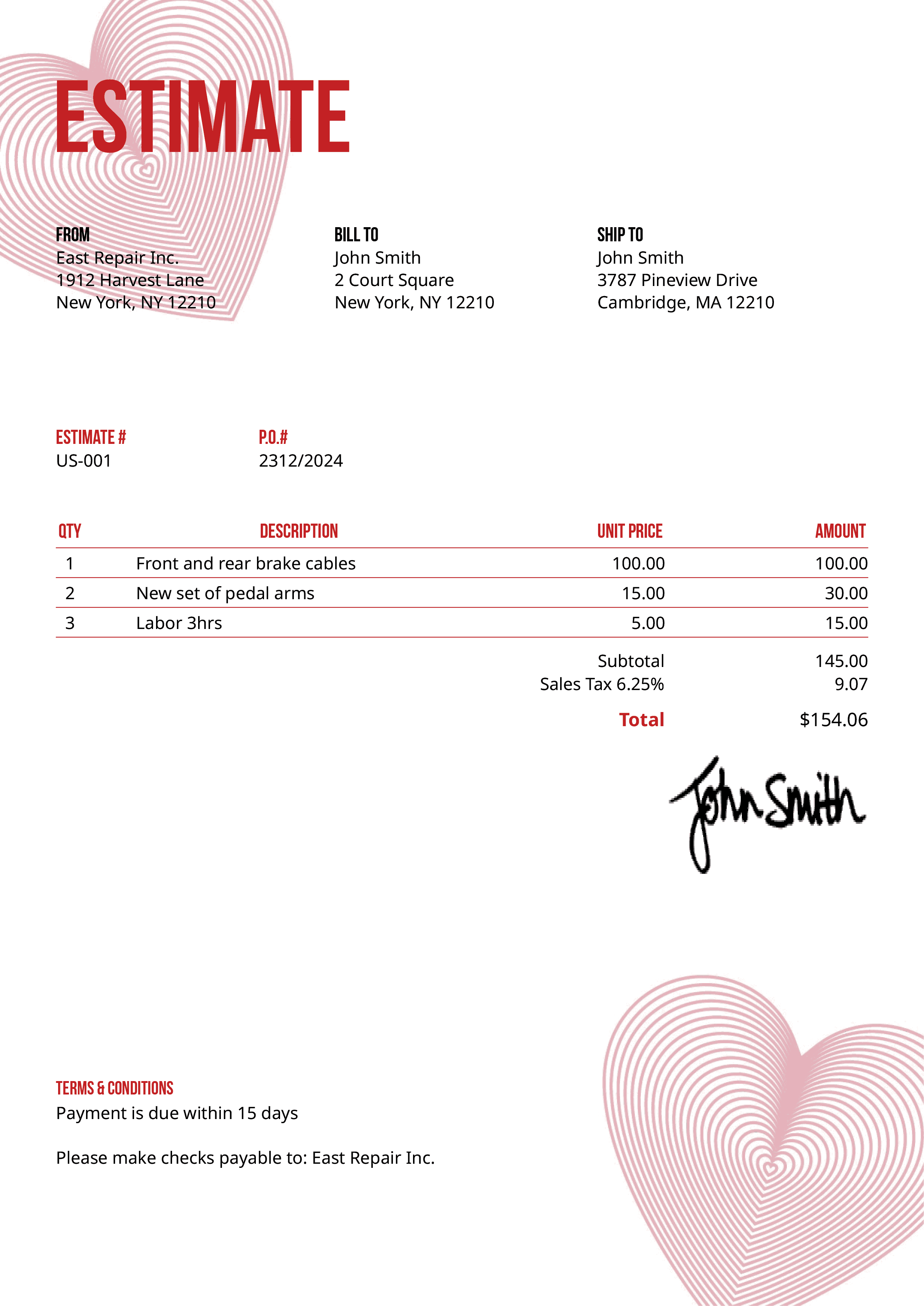 Estimate Template Us Hearts Red 