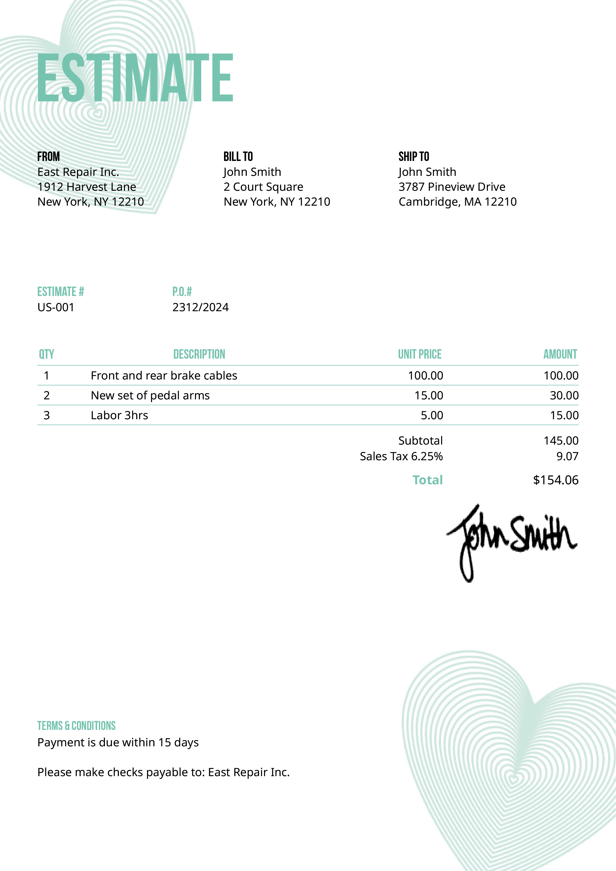 Estimate Template Us Hearts Turquoise 