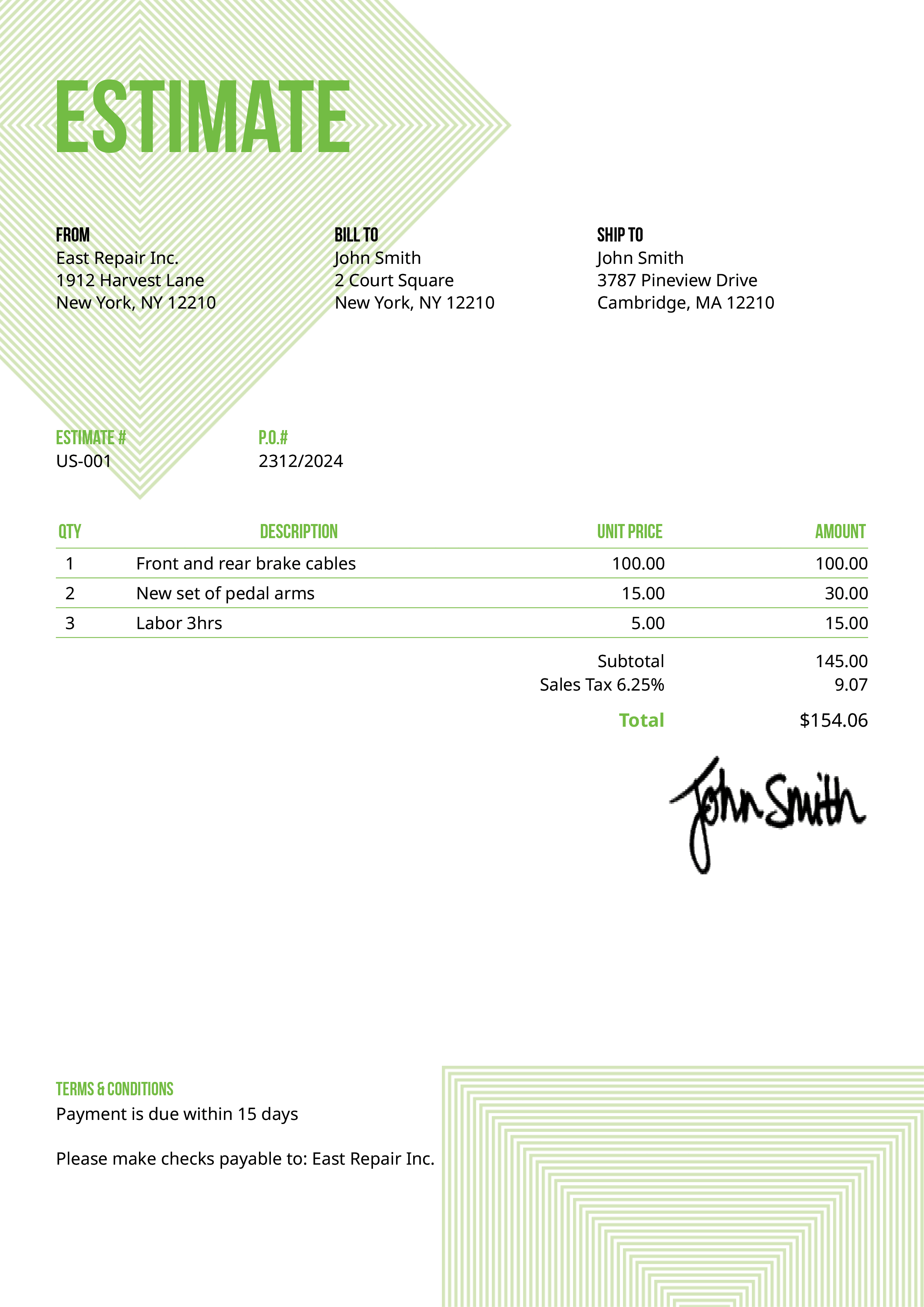 Estimate Template Us Squares Green 