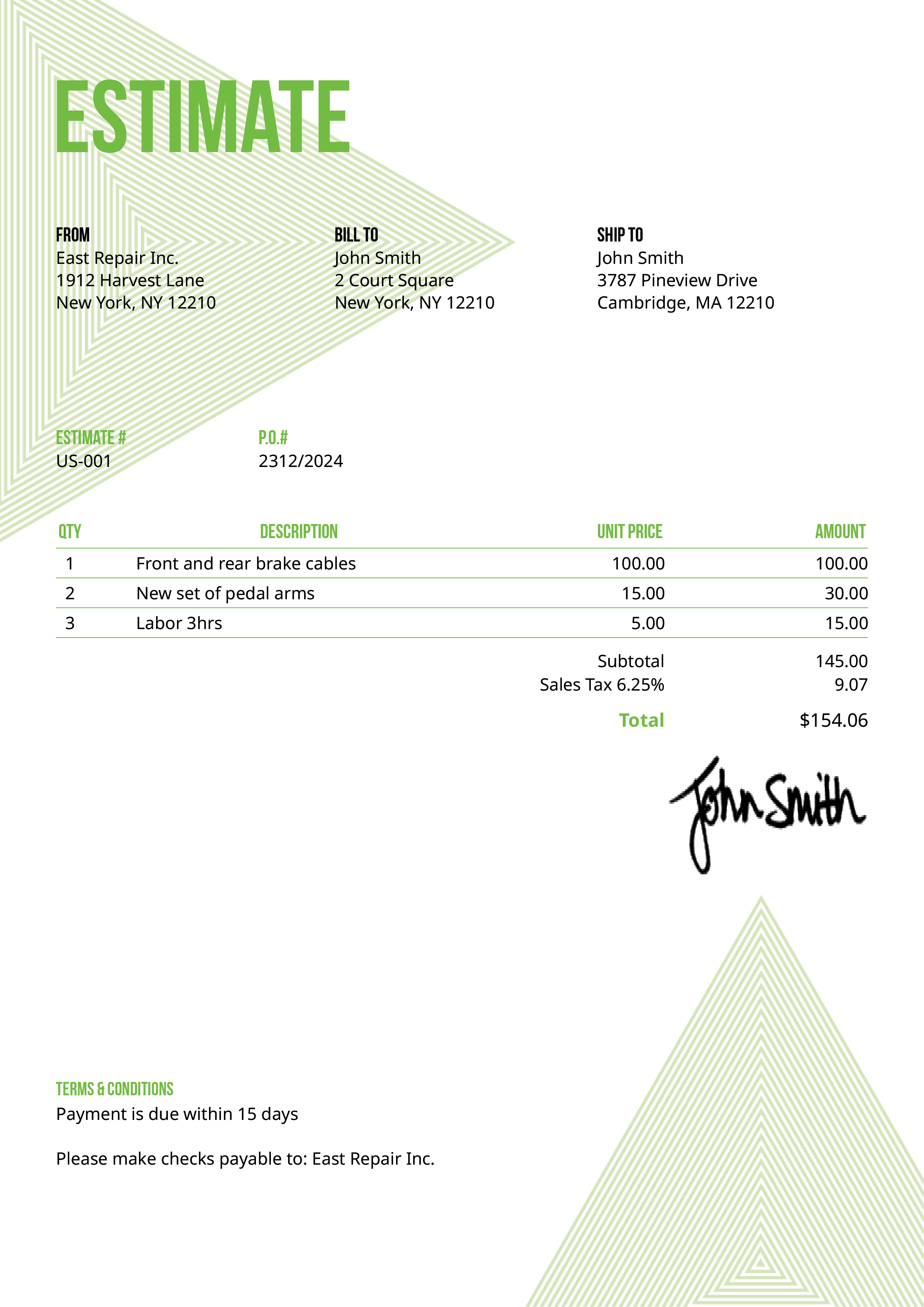 Estimate Template Us Triangles Green 