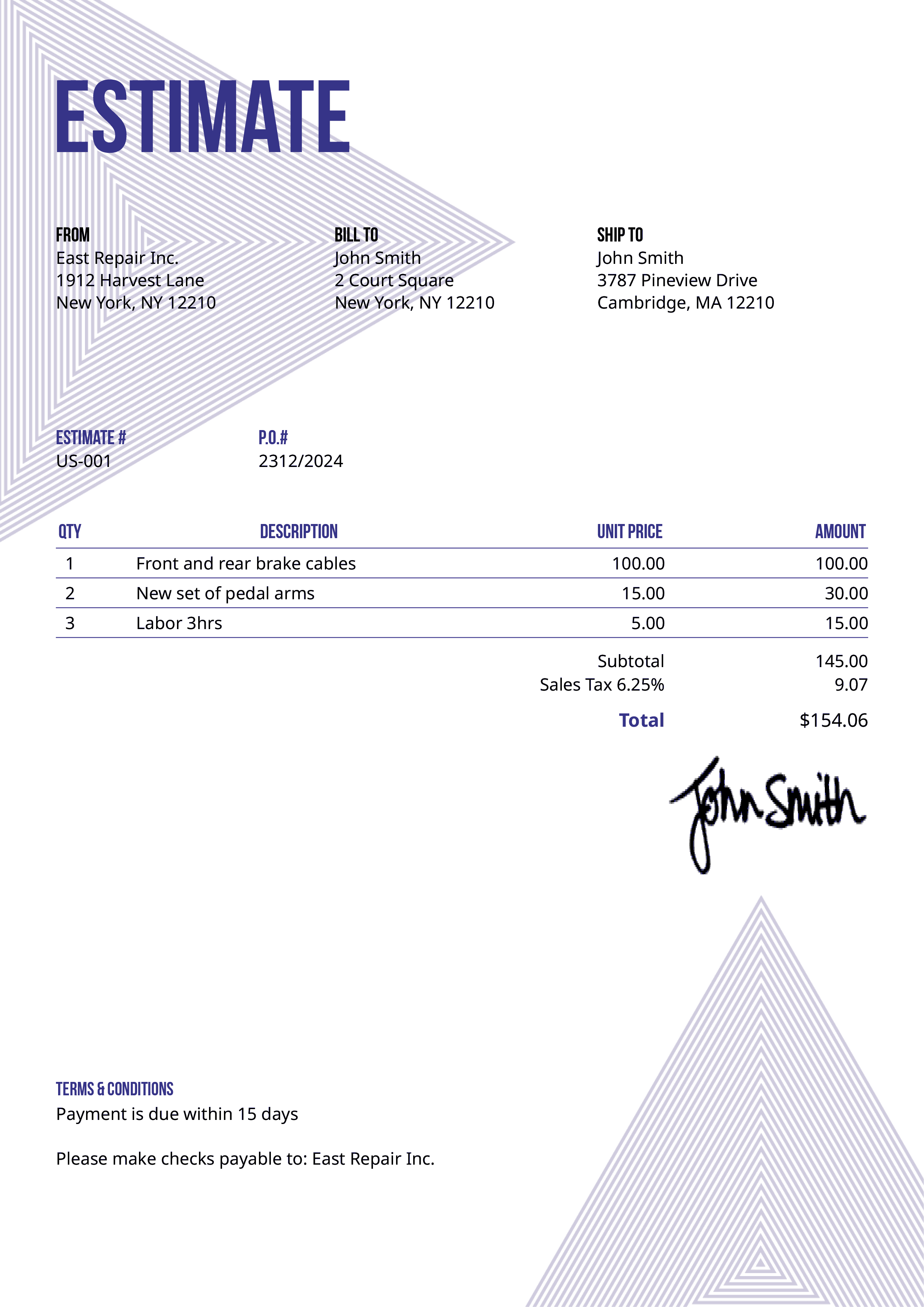 Estimate Template Us Triangles Purple 