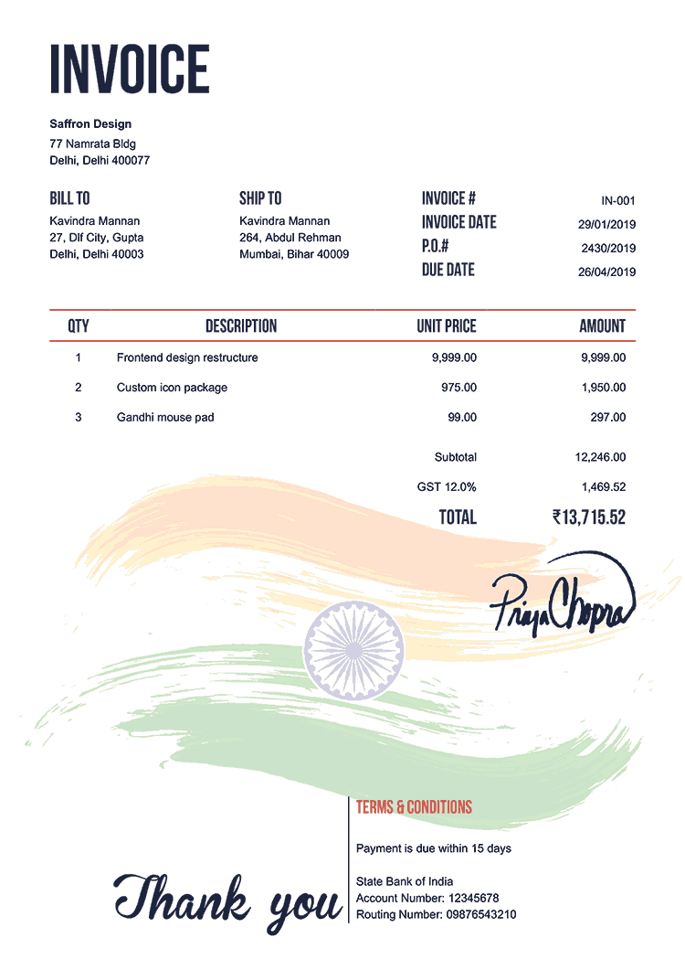 Invoice Template In Flag Of India