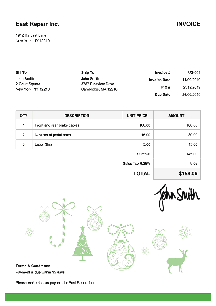 Invoice Template Us Christmas Decoration Green 