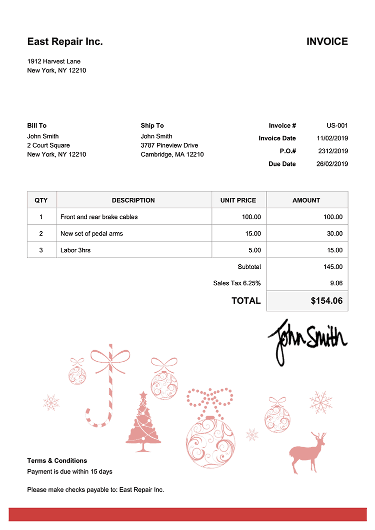 Invoice Template Us Christmas Decoration Red 