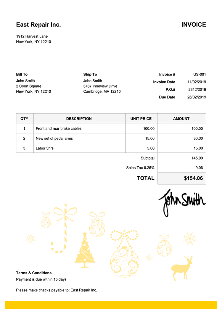 Invoice Template Us Christmas Decoration Yellow 